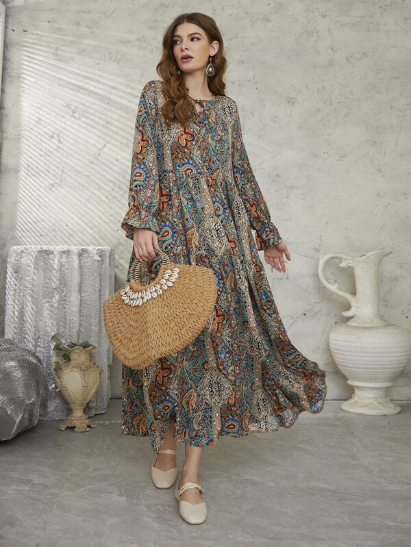 Mulvari Allover Floral & Paisley Print Tie Neck Flounce Sleeve Smock Modest Long Sleeve Dress