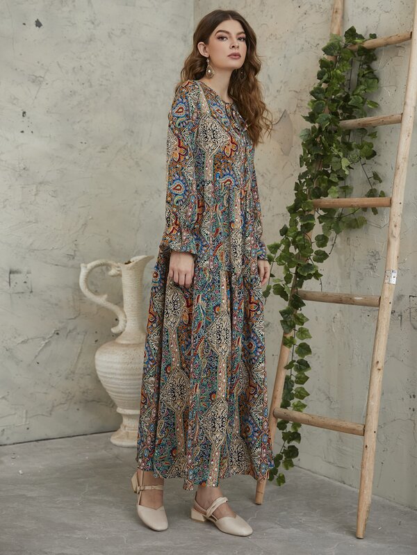 Mulvari Allover Floral & Paisley Print Tie Neck Flounce Sleeve Smock Modest Long Sleeve Dress