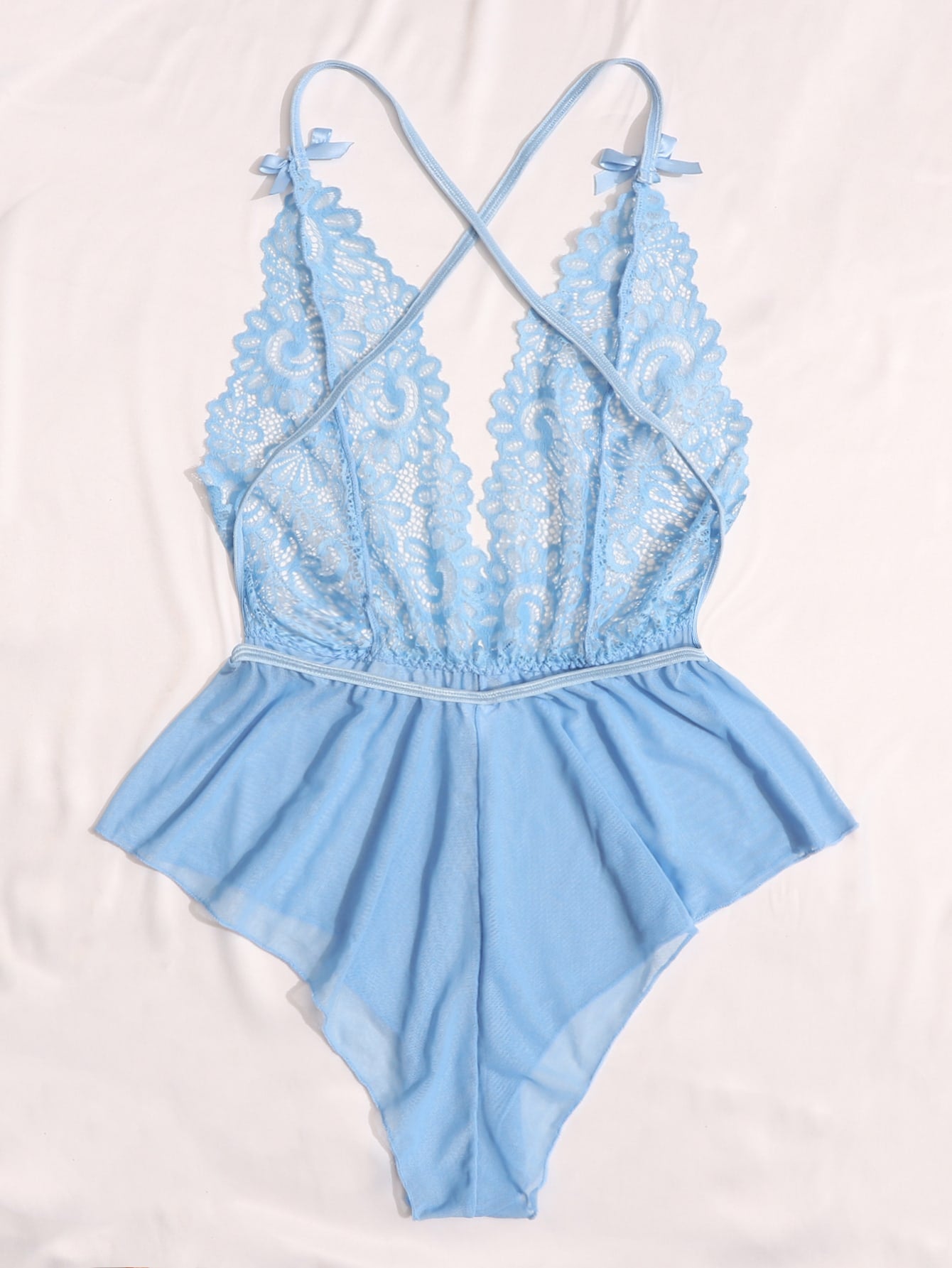 Contrast Lace Sheer Mesh Backless Cross Teddy Bodysuit Lingerie