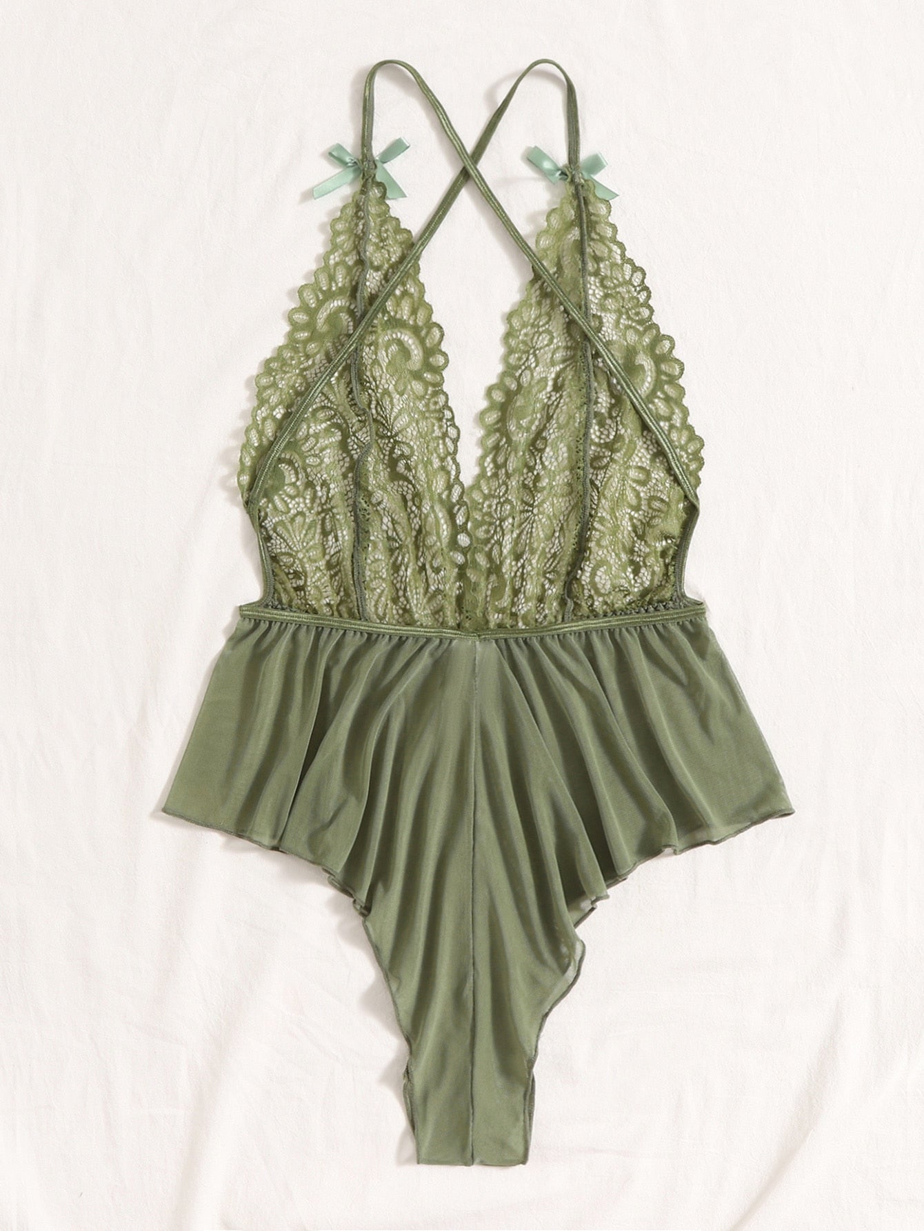 Contrast Lace Sheer Mesh Backless Cross Teddy Bodysuit Lingerie