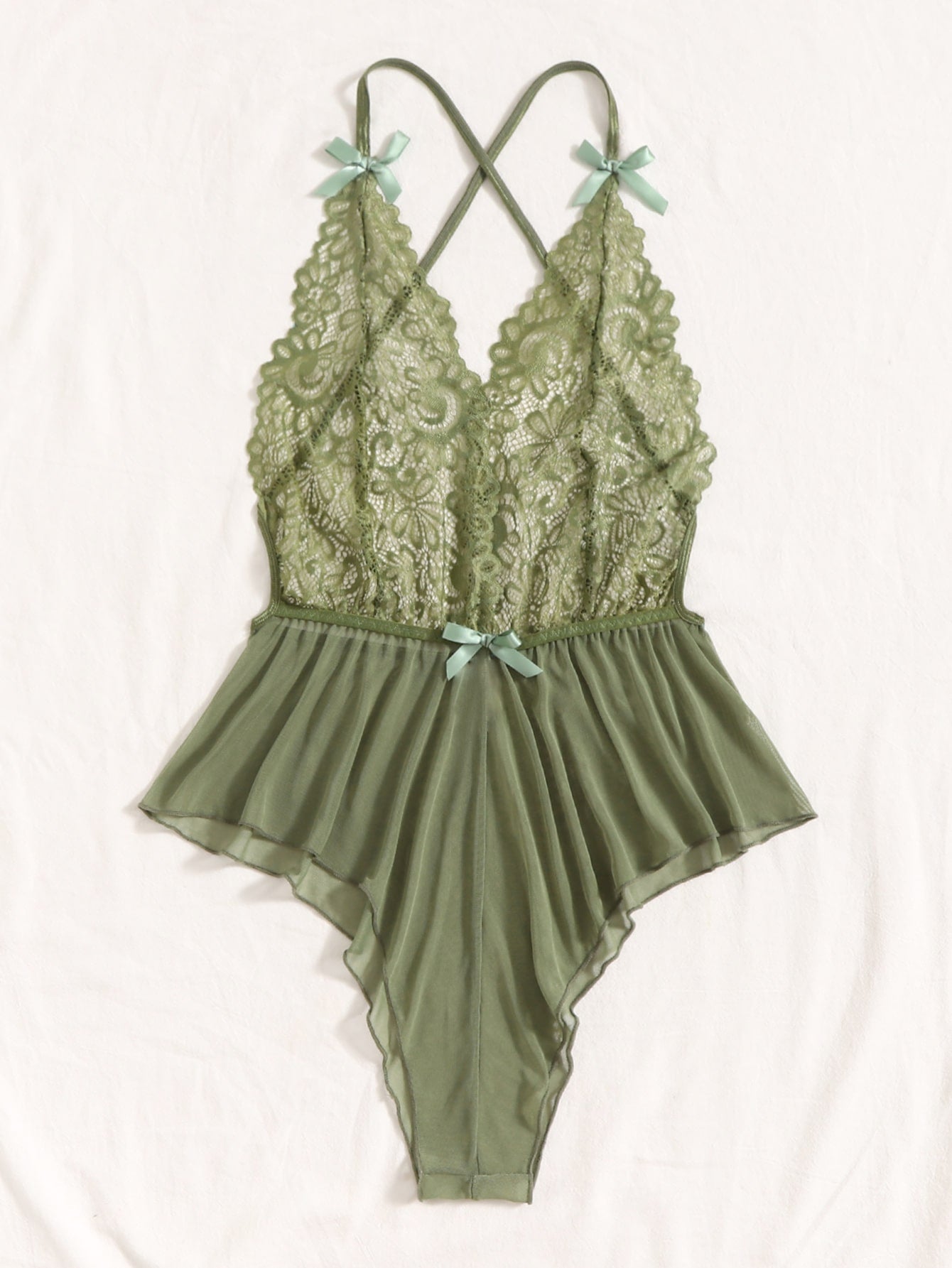 Contrast Lace Sheer Mesh Backless Cross Teddy Bodysuit Lingerie