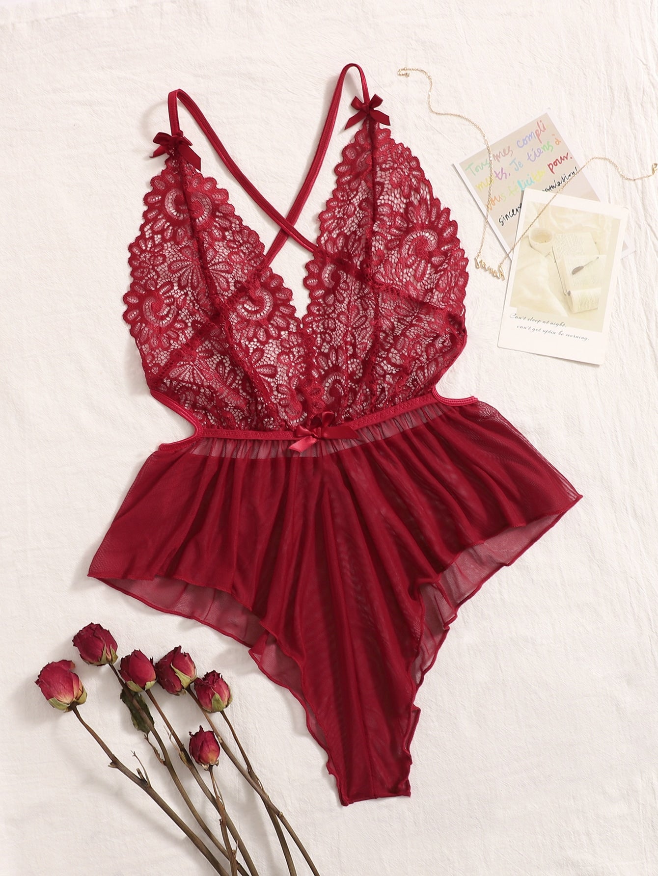 Contrast Lace Sheer Mesh Backless Cross Teddy Bodysuit Lingerie