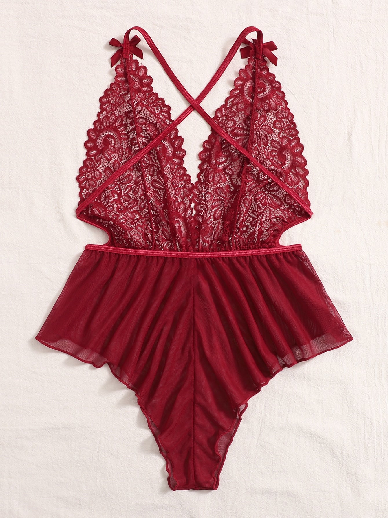 Contrast Lace Sheer Mesh Backless Cross Teddy Bodysuit Lingerie