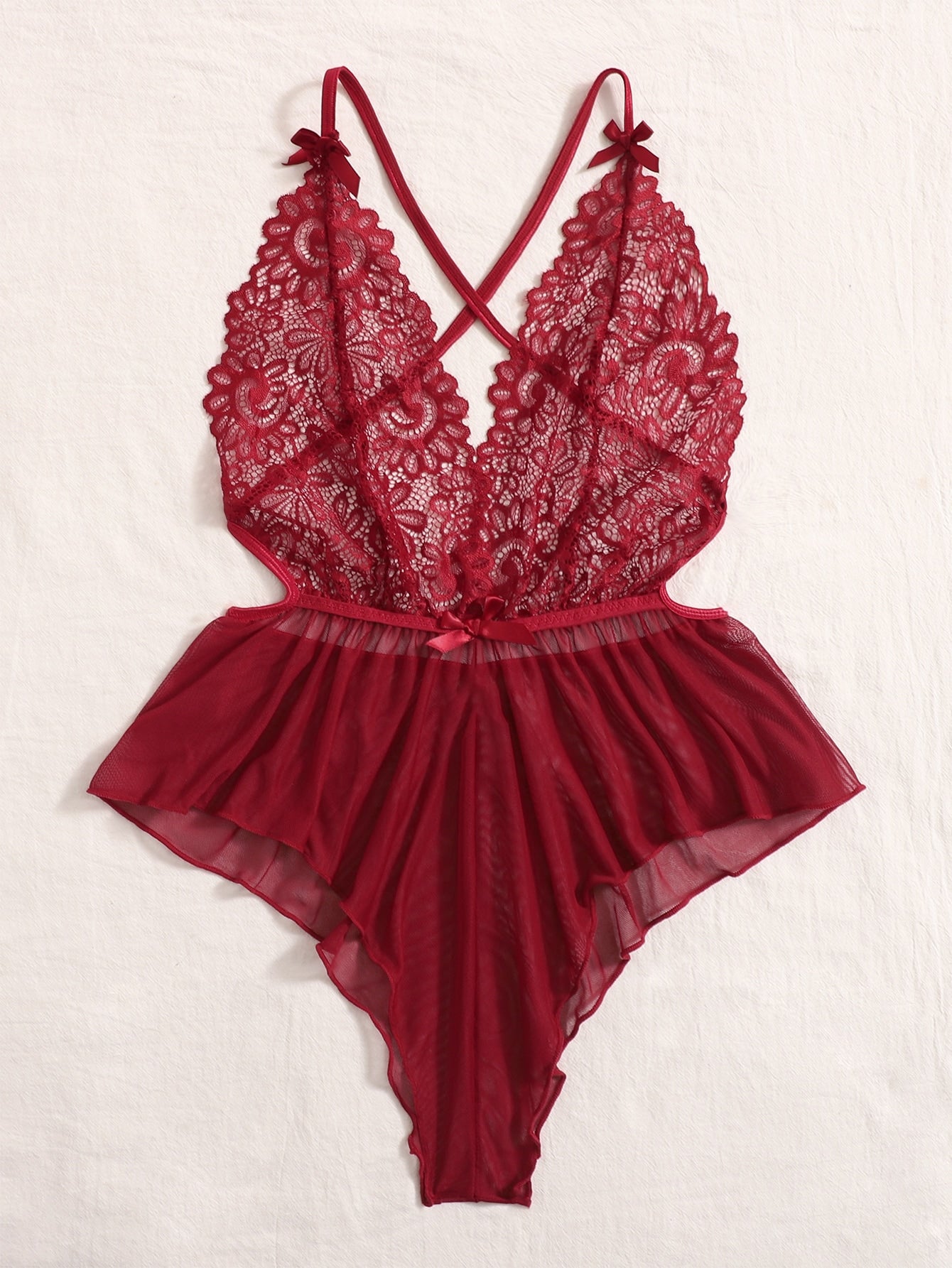 Contrast Lace Sheer Mesh Backless Cross Teddy Bodysuit Lingerie