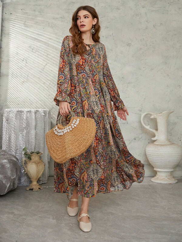 Mulvari Allover Floral & Paisley Print Tie Neck Flounce Sleeve Smock Modest Long Sleeve Dress