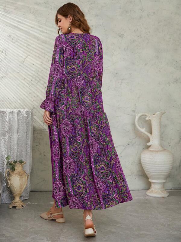 Mulvari Allover Floral & Paisley Print Tie Neck Flounce Sleeve Smock Modest Long Sleeve Dress