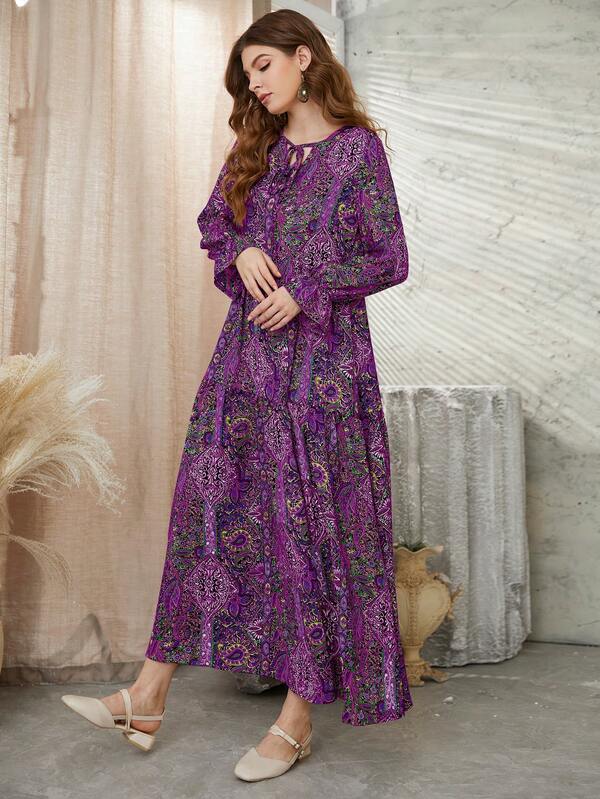 Mulvari Allover Floral & Paisley Print Tie Neck Flounce Sleeve Smock Modest Long Sleeve Dress