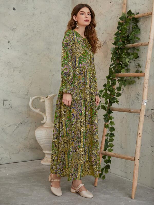 Mulvari Allover Floral & Paisley Print Tie Neck Flounce Sleeve Smock Modest Long Sleeve Dress