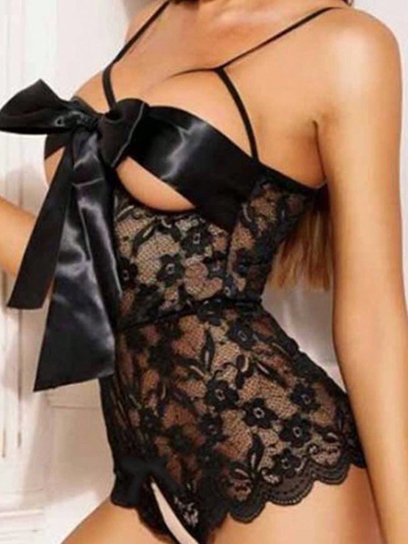 1pc Women's Sexy Lingerie Lace Sheer Open Crotch Bodysuit