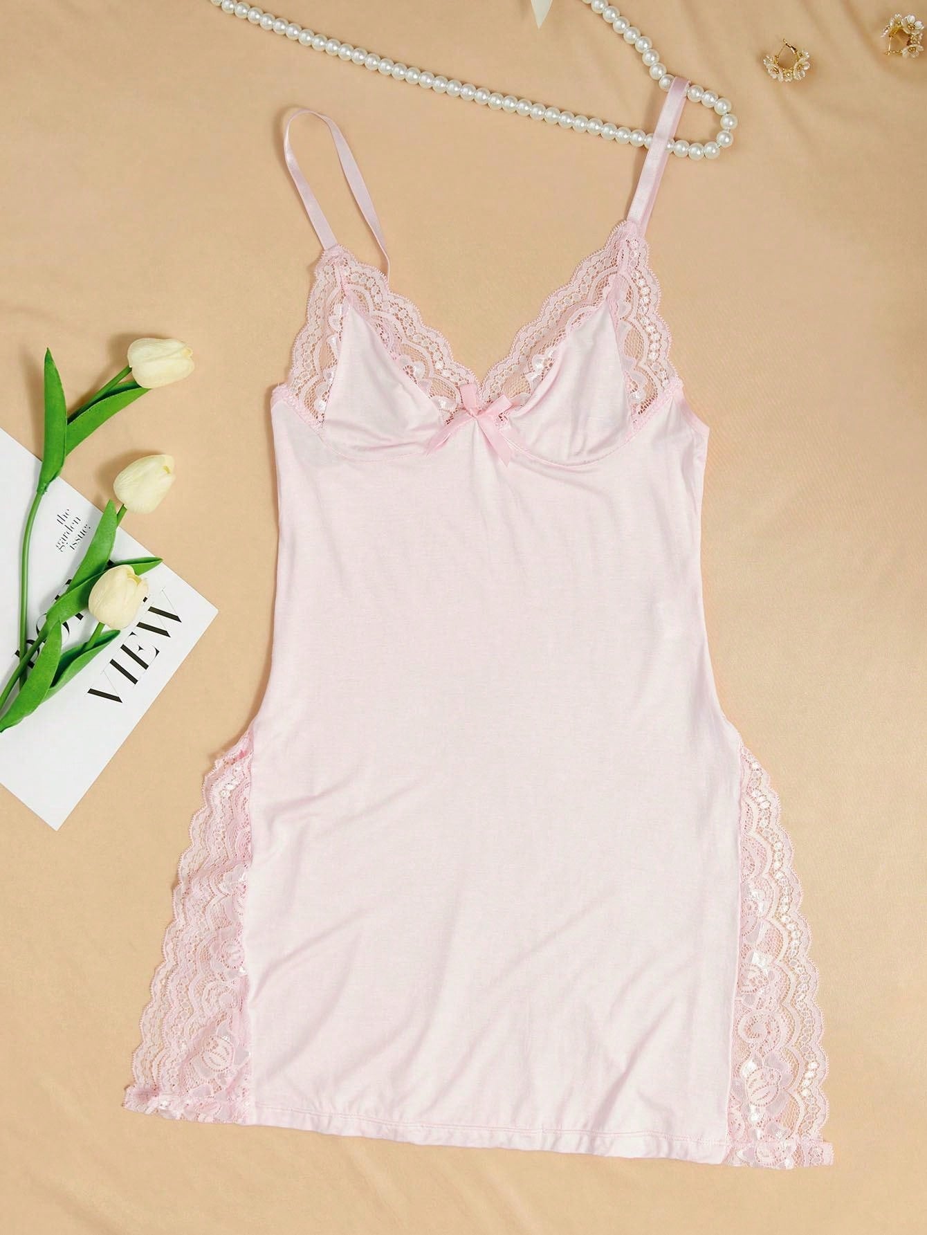 1pc Sexy Lace Trimmed Milk Silk Nightgown, Comfortable Lingerie