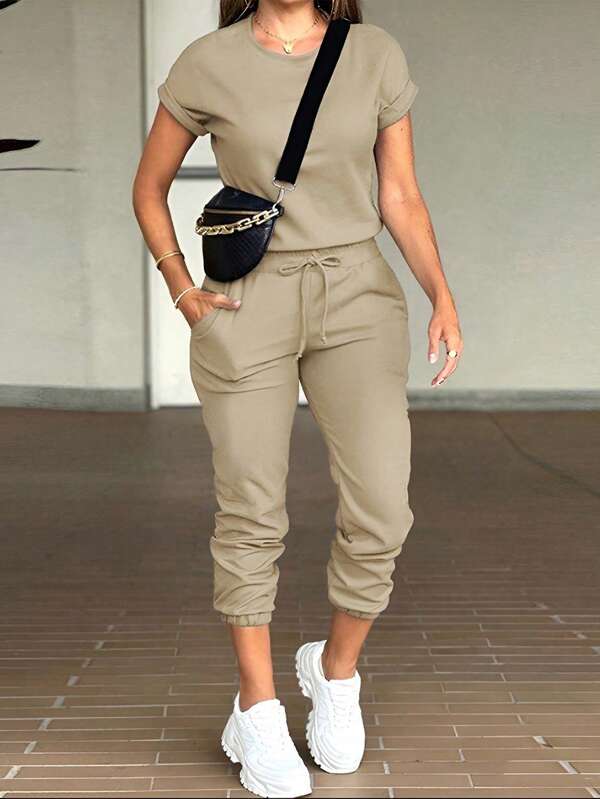 INAWLY Women Solid Color Round Neck Short Sleeve Casual Jumpsuit With Front Tie