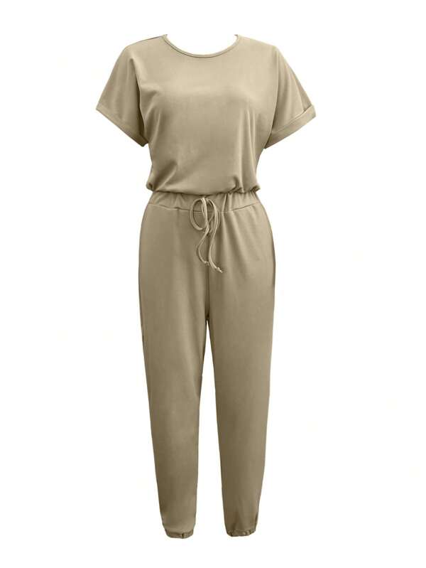 INAWLY Women Solid Color Round Neck Short Sleeve Casual Jumpsuit With Front Tie