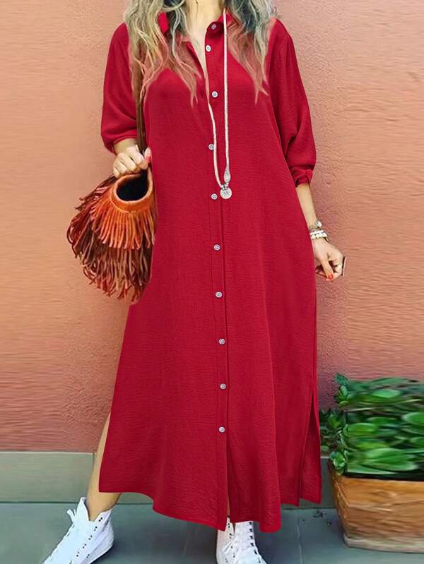 Women's Casual Solid Color Long Sleeve Single-Breasted Elegant Shirt Dress