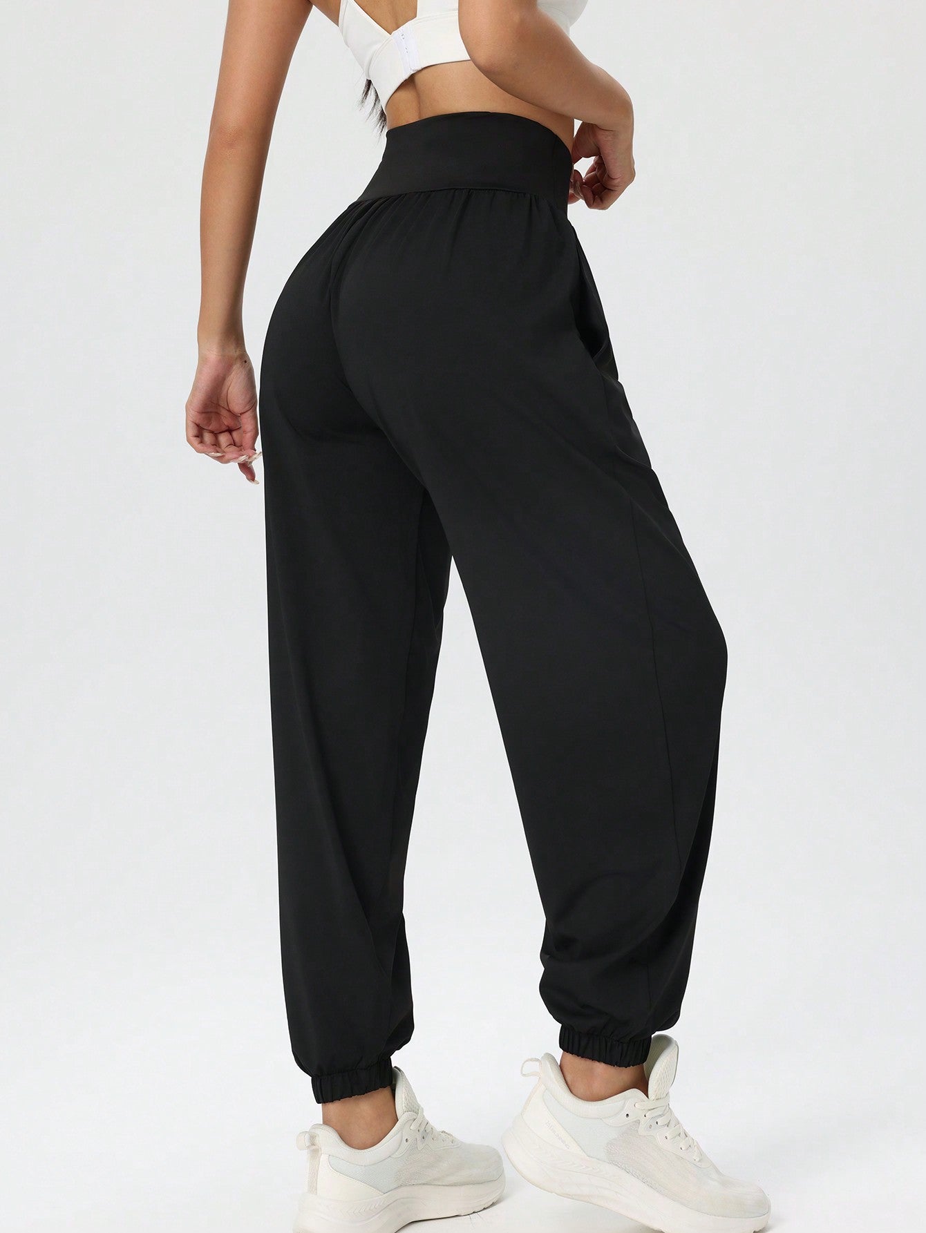 Women's Casual Solid High Waist Relaxed Lantern Pants, Drawstring Waist Yoga Fitness Sweatpants