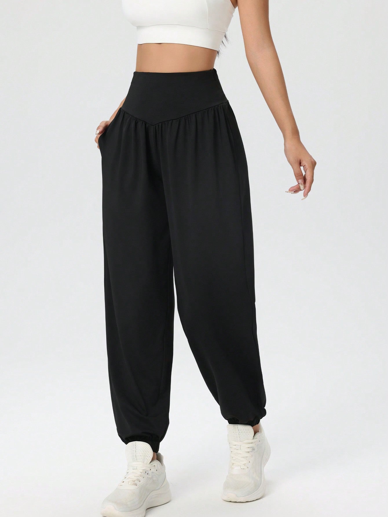 Women's Casual Solid High Waist Relaxed Lantern Pants, Drawstring Waist Yoga Fitness Sweatpants