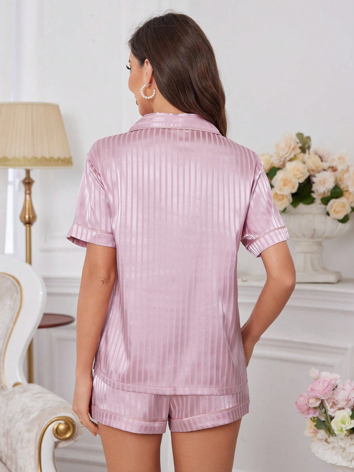 Ladies' Collar-Up Button Front Short Sleeve Casual Top And Shorts Pajama Set, Vacation
