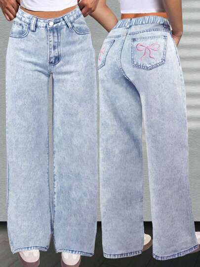 Tween Girl's Oversized Butterfly Print Denim Wide-Leg Pants, Casual And Comfortable