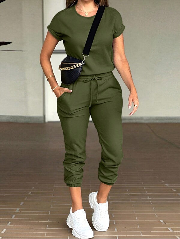 INAWLY Women Solid Color Round Neck Short Sleeve Casual Jumpsuit With Front Tie