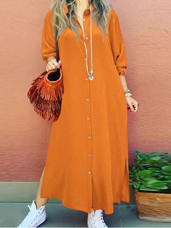 Women's Casual Solid Color Long Sleeve Single-Breasted Elegant Shirt Dress