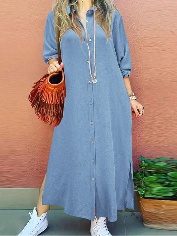 Women's Casual Solid Color Long Sleeve Single-Breasted Elegant Shirt Dress