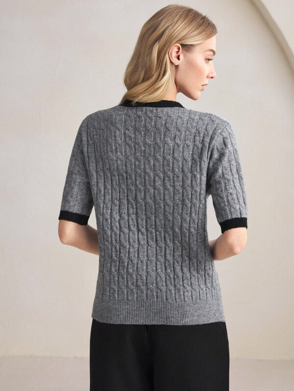 BizChic Grey Color-Block Jacquard Sweater Top, Women's Long Base Layer T-Shirt, Office/Commuting Wear, Elegant For New Year, Dating, Spring/Summer,Knitted Sweater