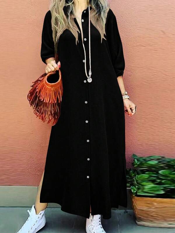Women's Casual Solid Color Long Sleeve Single-Breasted Elegant Shirt Dress
