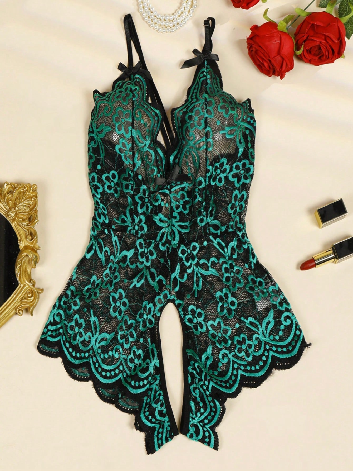 1pc Classic Lace Contrast Color Bow Hollow Out Criss-Cross Backless Sexy Jumpsuit With Teddy Open Crotch Design, Showcase Female Charm One-Piece