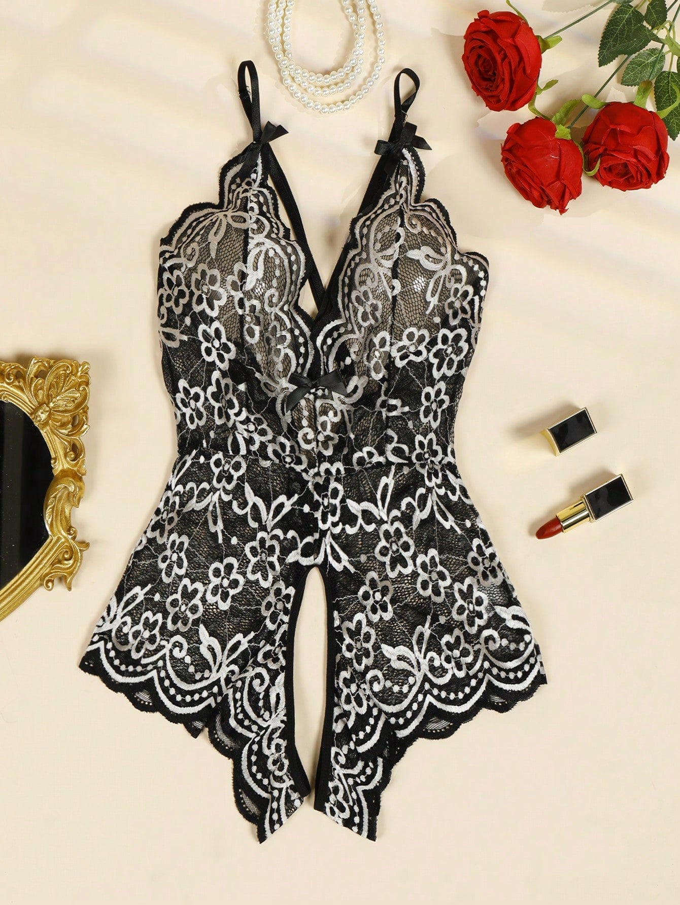 1pc Classic Lace Contrast Color Bow Hollow Out Criss-Cross Backless Sexy Jumpsuit With Teddy Open Crotch Design, Showcase Female Charm One-Piece