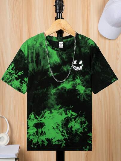 SHEIN Tween Boys' Casual Minimalist Tie-Dye Print Crew Neck T-Shirt