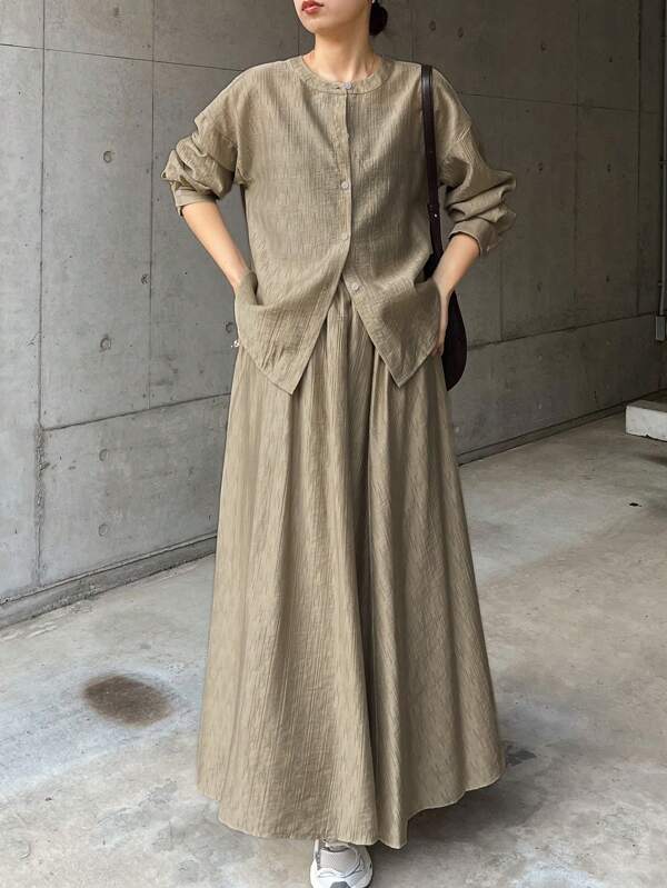 FRIFUL 2pcs Women Khaki Shirt And Skirt Set, Spring/Summer