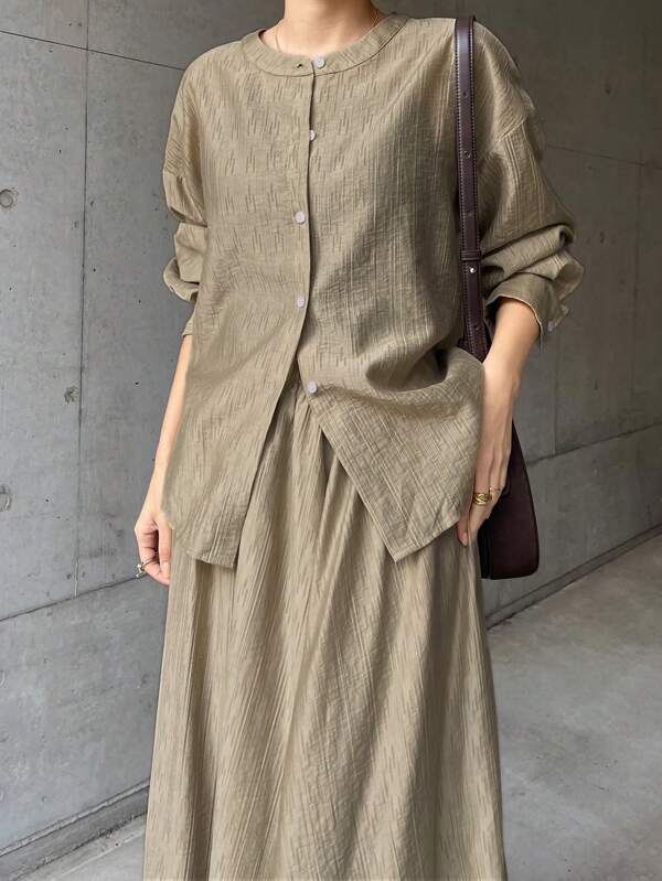 FRIFUL 2pcs Women Khaki Shirt And Skirt Set, Spring/Summer