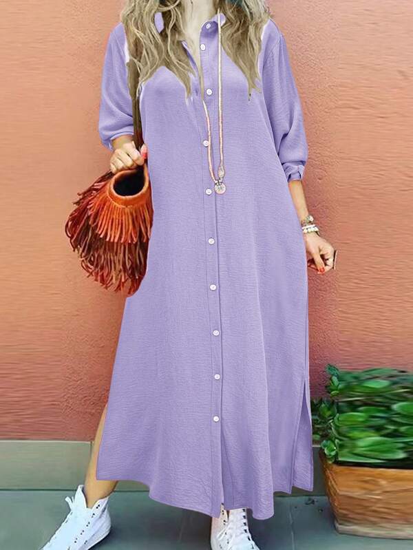 Women's Casual Solid Color Long Sleeve Single-Breasted Elegant Shirt Dress