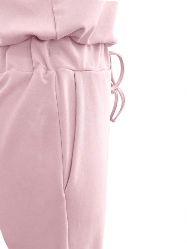 INAWLY Women Solid Color Round Neck Short Sleeve Casual Jumpsuit With Front Tie