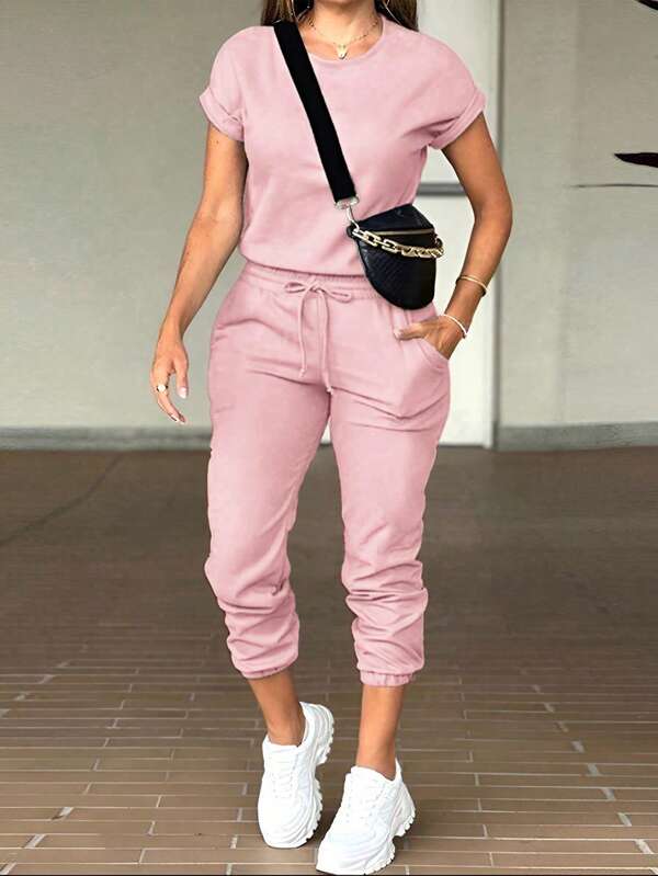 INAWLY Women Solid Color Round Neck Short Sleeve Casual Jumpsuit With Front Tie