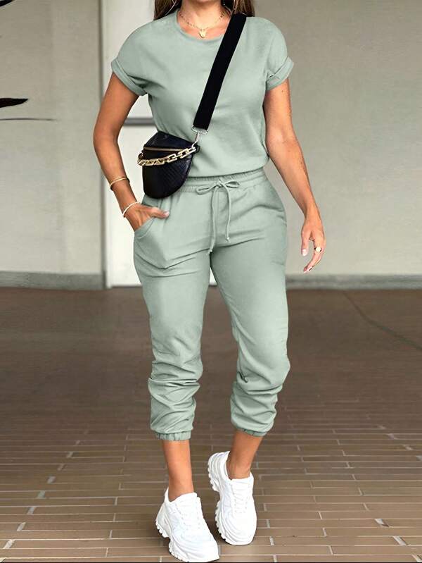 INAWLY Women Solid Color Round Neck Short Sleeve Casual Jumpsuit With Front Tie