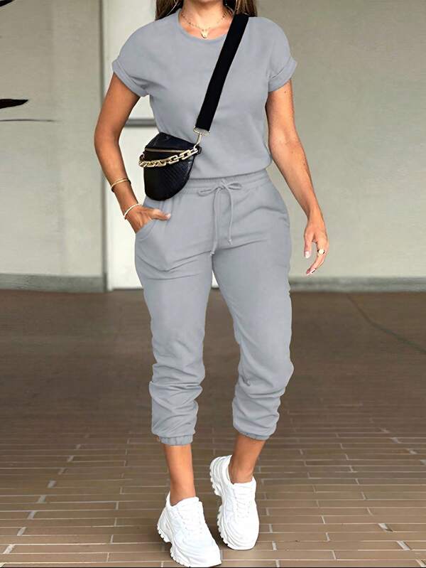 INAWLY Women Solid Color Round Neck Short Sleeve Casual Jumpsuit With Front Tie