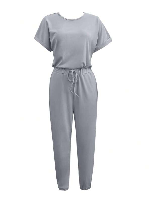 INAWLY Women Solid Color Round Neck Short Sleeve Casual Jumpsuit With Front Tie
