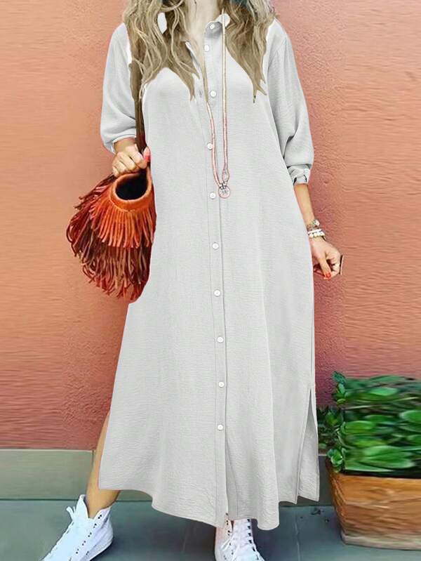 Women's Casual Solid Color Long Sleeve Single-Breasted Elegant Shirt Dress