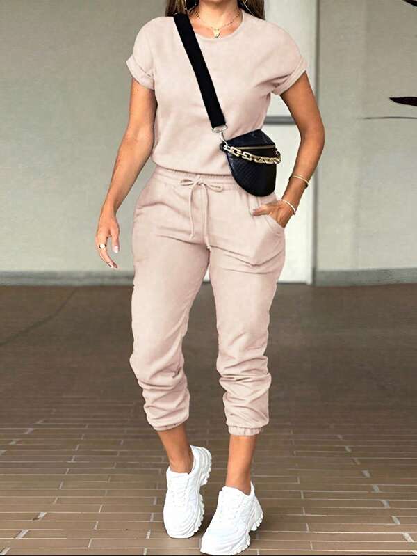 INAWLY Women Solid Color Round Neck Short Sleeve Casual Jumpsuit With Front Tie