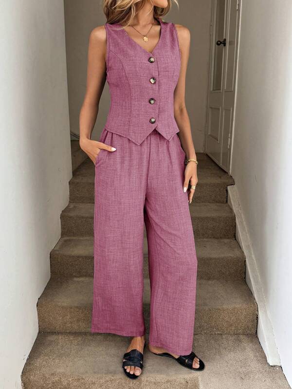 Easowa 2pcs/Set Women Blue Vest Waistcoat And Pocketed Long Pants Suit, Spring/Summer Women S Sets Women S Summer Set Business Casual Woman Office Outfits For Women Work Clothes Women Old Money Style Women