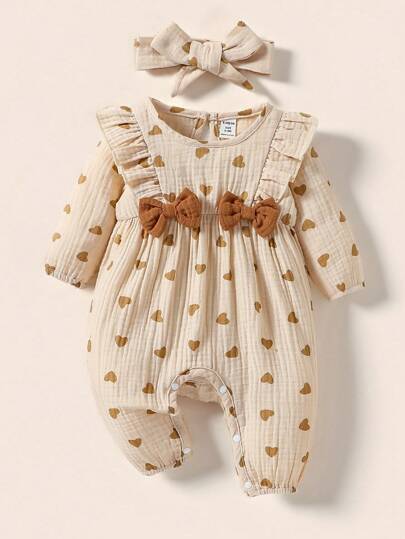 SHEIN Baby Girl Heart Print Ruffle Trim Bow Front Jumpsuit With Headband
