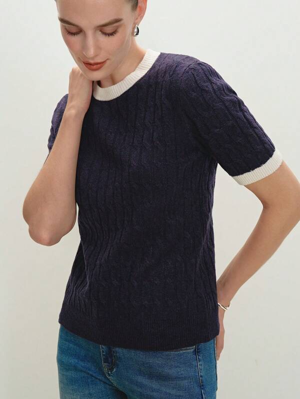 BizChic Grey Color-Block Jacquard Sweater Top, Women's Long Base Layer T-Shirt, Office/Commuting Wear, Elegant For New Year, Dating, Spring/Summer,Knitted Sweater