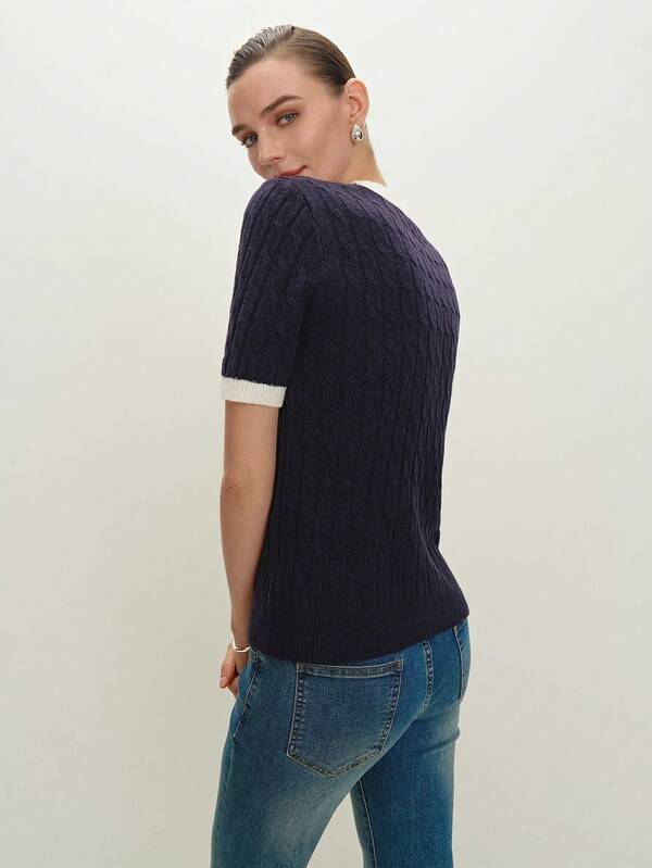 BizChic Grey Color-Block Jacquard Sweater Top, Women's Long Base Layer T-Shirt, Office/Commuting Wear, Elegant For New Year, Dating, Spring/Summer,Knitted Sweater