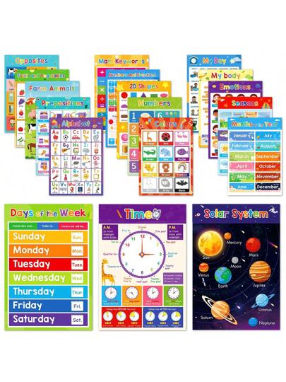 Lachilly A3 Frameless Learning Education Poster Set, Early Childhood Education Posters, Classroom Preschool Posters, Home School Classroom Supplies Decoration Teaching Aids, Children's Learning Materials Alphabet Number Chart Teaching Aids