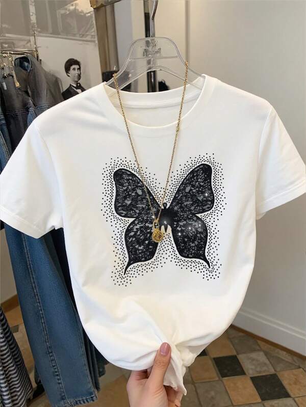 SHEIN Women's Regular Fit Round Neck Short Sleeve T-Shirt With Exquisite Bowknot, Pearl & Sequin Embroidery Crafts