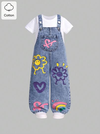 SHEIN Girls Flower, Heart & Rainbow Graffiti Print Casual Comfortable Soft Denim Jumpsuit, Girls Denim Overalls, School, Campus, College Summer Holiday