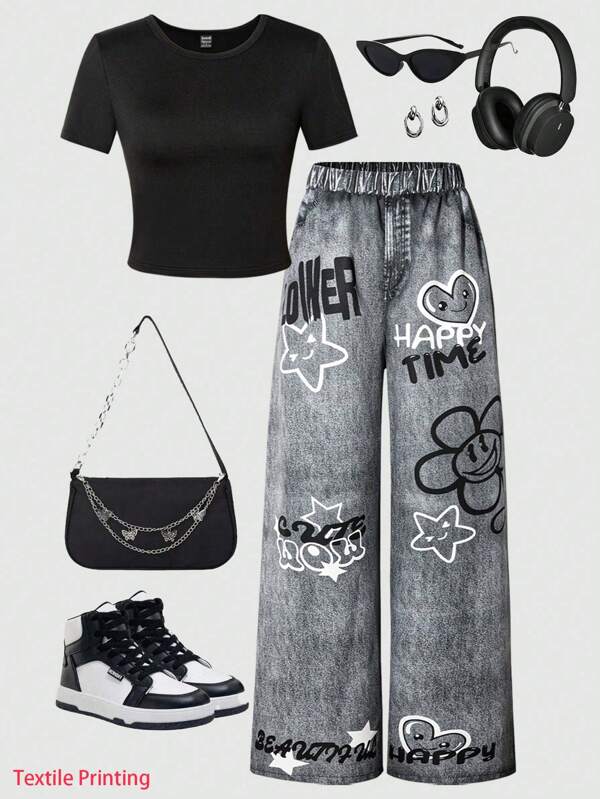 Women's Black Short Sleeve T-Shirt With English Letter & Star Print, Black Pants 2 Pieces Set, Mommy And Me Matching Outfits (Sold Separately)