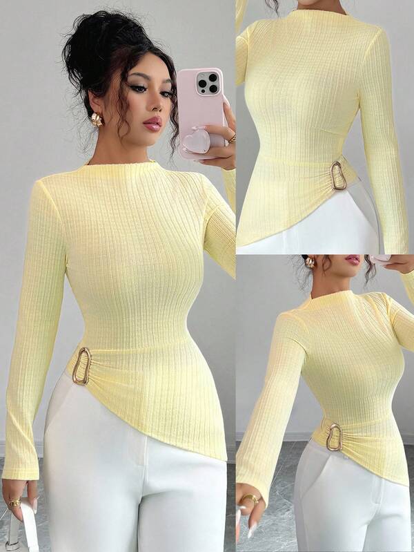 Elenzga Y2K Style Women's Buttercup Yellow Ribbed Knit High Neck Long Sleeve Ruched Fitted Pullover Top, Asymmetrical Metal Button Design, Versatile For Spring/Autumn Casual Wear And Layering Fall Cloth For Women