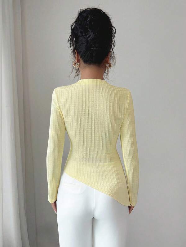 Elenzga Y2K Style Women's Buttercup Yellow Ribbed Knit High Neck Long Sleeve Ruched Fitted Pullover Top, Asymmetrical Metal Button Design, Versatile For Spring/Autumn Casual Wear And Layering Fall Cloth For Women