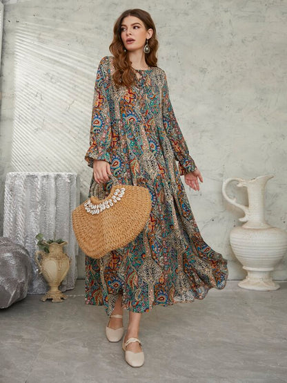 Mulvari Allover Floral & Paisley Print Tie Neck Flounce Sleeve Smock Modest Long Sleeve Dress